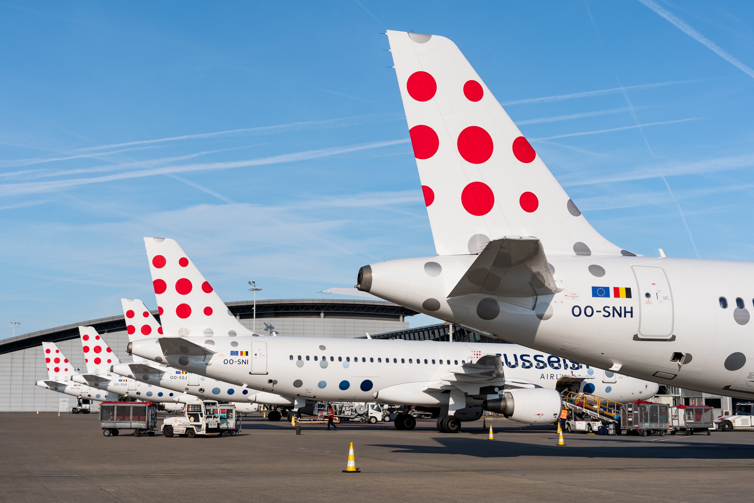 The picture shows five white planes with red spots on their tail wings. The planes are located at the airport.